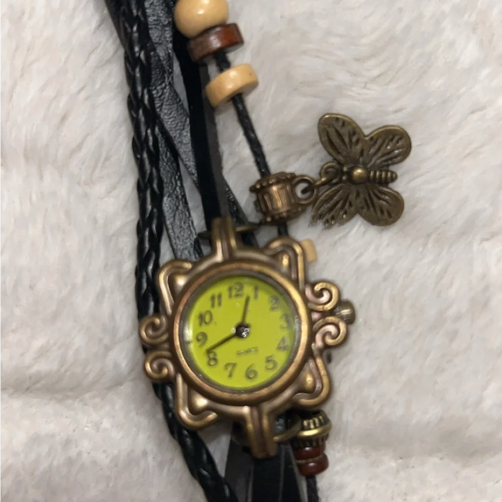 Vintage Style Bronze Watch with Butterfly Charm
